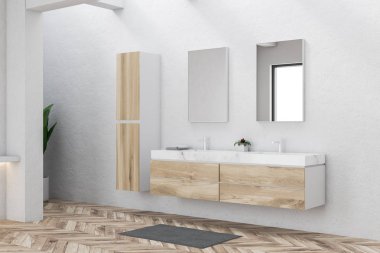 Modern banyo beyaz duvarlar, ahşap zemin ve mermer çift lavabo üzerinde ahşap mutfak tezgahı ayakta köşesinde. İki dikey aynalar ve dar dolap. 3D render