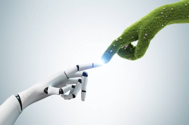 Robot el Gri arka plan üzerinde dokunmadan çim el. Ekoloji, çevre koruma ve sorumluluk kavramı. 3D render
