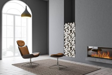 Gri duvarlar, ahşap zemin, bir şömine ve kahverengi bir koltuk modern oturma odası köşesinde. 3D render