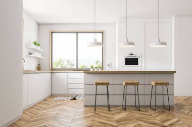 İç beyaz duvarlar, ahşap zemin, küçük bir pencere ile modern mutfak aletleri, bar tabureleri ile ve bir fırın beyaz mutfak tezgahı ile inşa. 3D render