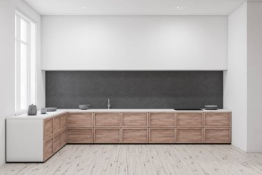 İç beyaz ve gri duvarlar, ahşap zemin ve ahşap ve beyaz mutfak tezgahı ile modern mutfak aletleri ve yemekler onlara inşa. 3D render