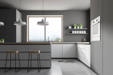 Yan görünümü Gri duvarlar, beton zemin, küçük bir pencere ile rahat mutfak aletleri, bar tabureleri ile ve bir fırın ile beyaz mutfak tezgahı inşa. 3D render