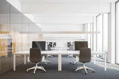 Katta ve Masaüstü ve gri sandalye ile beyaz bilgisayar tabloları satırları Ofis İşyeri iç beyaz beyaz ve cam duvar, çatı windows, halı. 3D render