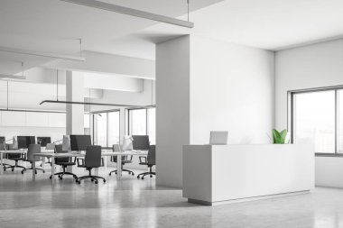 Açık alan office Bilgisayar masaları, beyaz duvarlar ve beton zemin satır içeren iç. Beyaz resepsiyon ile laptop ön planda. 3D render