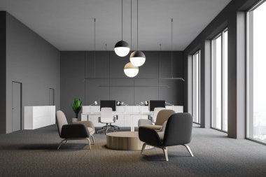 Açık alan office Gri duvarlar, çatı windows, halı kaplı zemin, Bilgisayar masaları ve beyaz kasa ile iç. Dinlenme salonu ile yuvarlak masa ve bej koltuk. 3D render