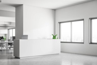 Açık alan office Bilgisayar masaları, beyaz duvarlar ve beton zemin satırlarla köşesinde. Beyaz resepsiyon ile laptop ön planda. 3D render