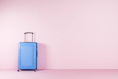 Pembe oda mavi çanta ayakta. Turizm ve seyahat kavramı. 3D render alay