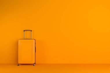 Turuncu bavul ayakta turuncu odasında. Turizm ve seyahat kavramı. 3D render alay