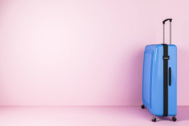 Pembe oda mavi çanta ayakta yan görünüm. Turizm ve seyahat kavramı. 3D render alay
