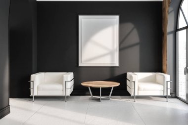 İç modern ofis bekleme odası siyah duvarlı, kiremitli kat, iki beyaz koltuk yuvarlak sehpa yakınındaki ayakta ve dikey poster alay et. 3D render