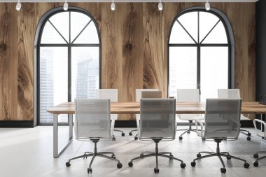 Modern Ofis Toplantı odası iç beyaz sandalye ile uzun ahşap masa ahşap duvarlar, kemerli pencereler, ile. 3D render
