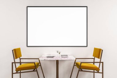 Beyaz duvar odadaki iki sarı charis ayakta beyaz Restoran tablo. Yatay sahte poster kadar. Küçük işletme kavramı. 3D render