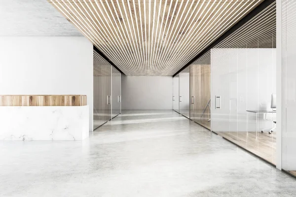 Lobby of modern office with concrete floor, white and wooden walls, glass office doors and marble reception desk. 3d rendering