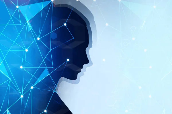 Woman Head Silhouette Glowing Network Hologram Light Blue Background Tech — Stock Photo, Image