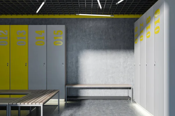 Šatny Interiér Betonové Stěny Podlahy Šedé Žluté Skříně Dřevěné Lavičky — Stock fotografie