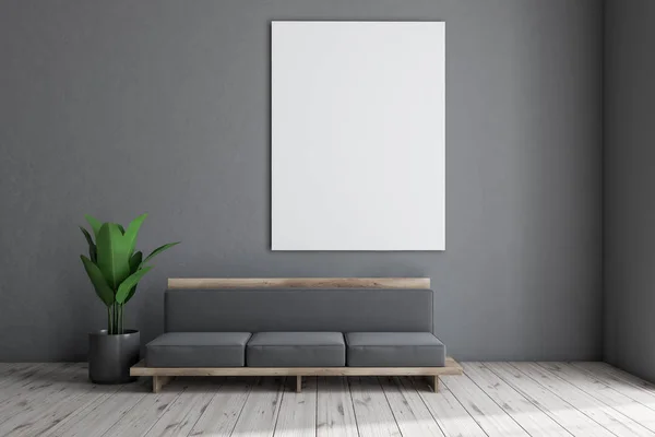 Soggiorno Minimalista Interno Con Pareti Grigie Pavimento Legno Divano Grigio — Foto Stock