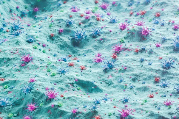 Mavi Kırmızı Yeşil Gerçekçi Görünümlü Bakteriler Mavi Arka Plan Üzerinde — Stok fotoğraf