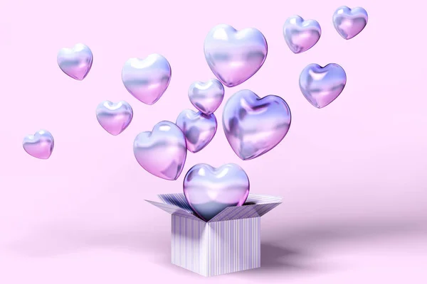 Many purple heart shaped balloons flying out of box standing over light pink background. Concept of love and gifts. 3d rendering