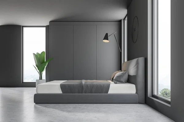 Seitenansicht Des Hauptschlafzimmers Mit Grauen Wänden Betonboden Grauem Und Weißem — Stockfoto