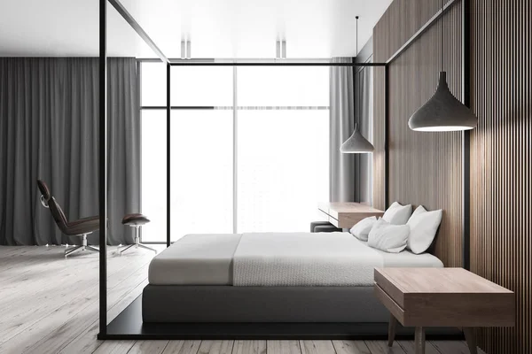 Modern Yatak Odası Ahşap Duvarlar Zemin Karyola Makyaj Tablo Gri — Stok fotoğraf
