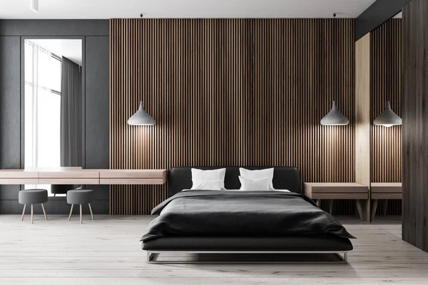 暗い木製の壁 木の床 黒マスター ベッドとテーブル ミラー付きメイクアップとモダンなベッドルームのインテリア レンダリング — ストック写真