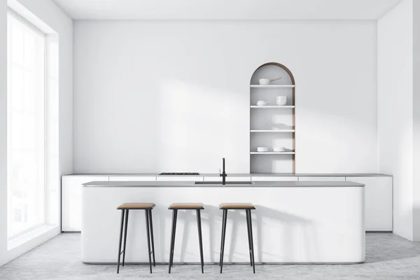 Interior Cocina Moderna Con Paredes Blancas Suelo Hormigón Armario Abovedado — Foto de Stock