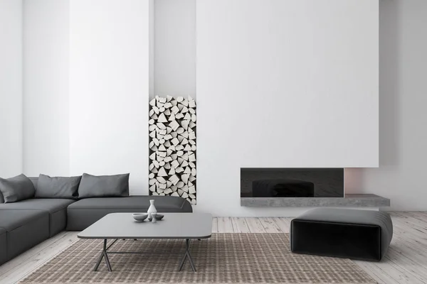 Innvendig Moderne Stue Med Hvite Vegger Tregulv Grå Sofa Kaffebord – stockfoto