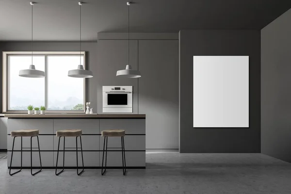 现代厨房的内部与灰色的墙壁 混凝土地板 小窗户 白色台面与内置的电器 酒吧与凳子和烤箱 垂直模拟海报3D — 图库照片