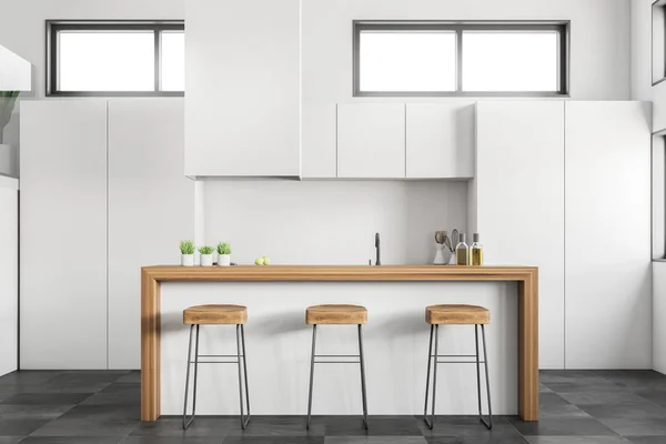 Interieur Van Moderne Keuken Met Witte Muren Betegelde Vloer Witte — Stockfoto