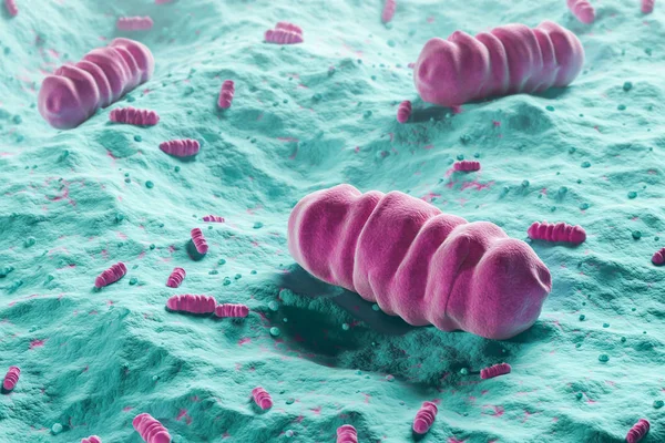Três Grandes Micróbios Cor Rosa Sobre Fundo Azul Conceito Contaminação — Fotografia de Stock