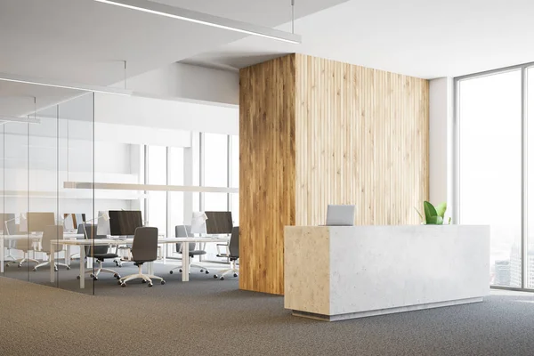 Widok Boczny Nowoczesne Biuro Białym Drewniane Ściany Dywan Podłodze Kamień — Zdjęcie stockowe