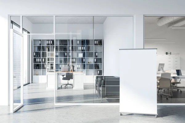 Manager office with loft window, white table with laptop and a bookcase with folders as seen from a lobby. Vertical mock up poster 3d rendering