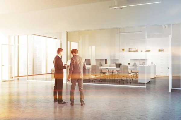 Open Space Office White Glass Walls Rows Computer Tables Beige — Stock Photo, Image