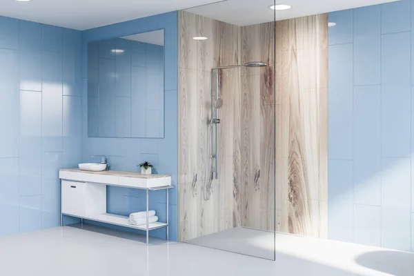 Hoek Van Moderne Badkamer Met Blauwe Muren Witte Vloer Glas — Stockfoto