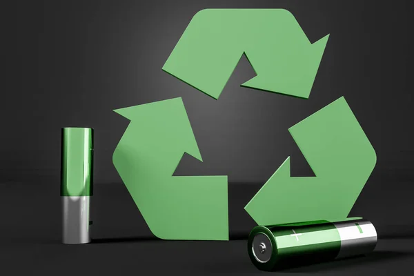 Two Green Silver Alkaline Batteries Big Green Recycle Sign Black — Stock Photo, Image