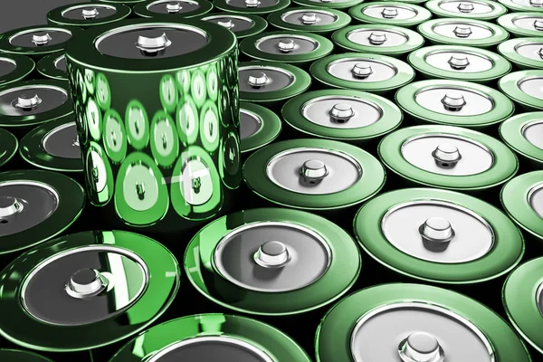 Rijen Van Groene Alkaline Batterijen Met Één Uitsteekt Concept Van — Stockfoto