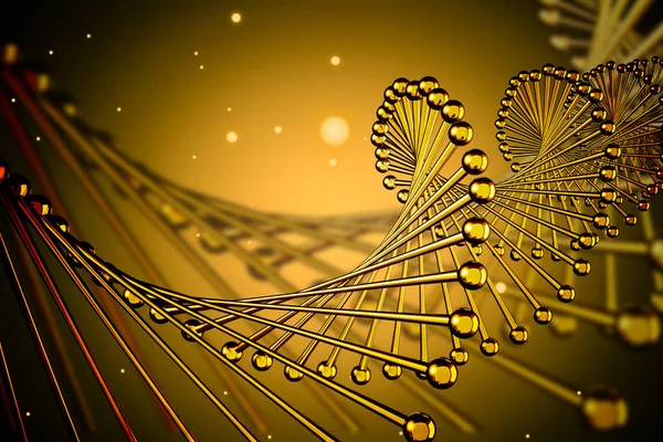 Close up of yellow diagonal dna helix over yellow background with blurred dna helix. Concept of biotechnology. 3d rendering