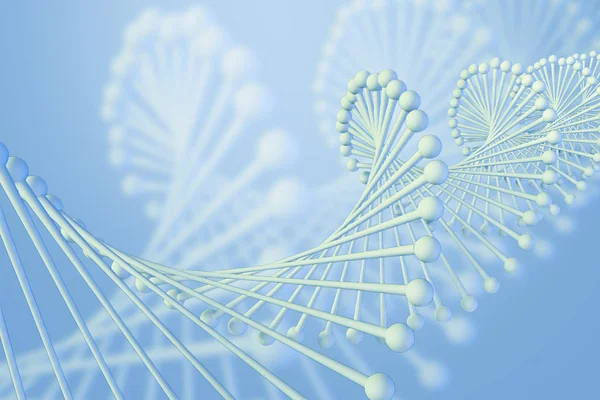 Close up of white diagonal dna helix over light blue background with blurred dna helix. Concept of biotechnology. 3d rendering