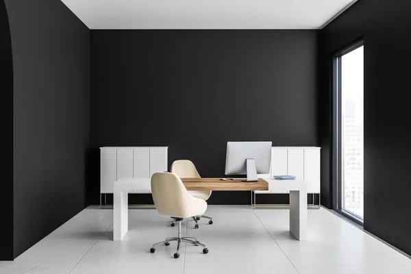 Interior Manager Office Black Walls White Floor White Wooden Computer — Stock Photo, Image