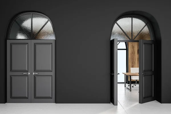 Office lobby with black walls, white floor and two massive doors. One door is open and showing wooden wall room with table and chair. 3d rendering