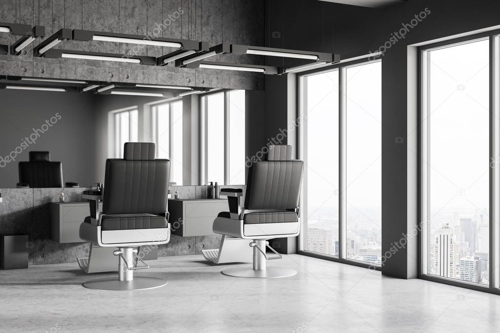 Close up of barber shop corner with gray and concrete walls, concrete floor, loft windows and three barber chairs standing near the mirror. 3d rendering