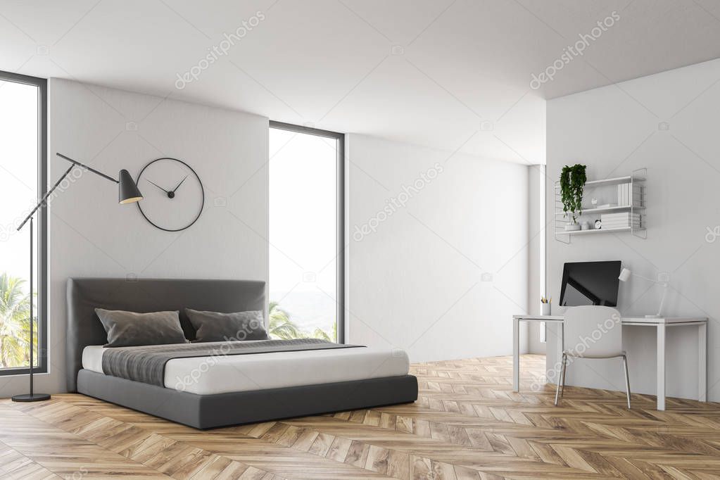 Corner of master bedroom with white walls, wooden floor, master bed with clocks hanging above it and home office with computer. 3d rendering