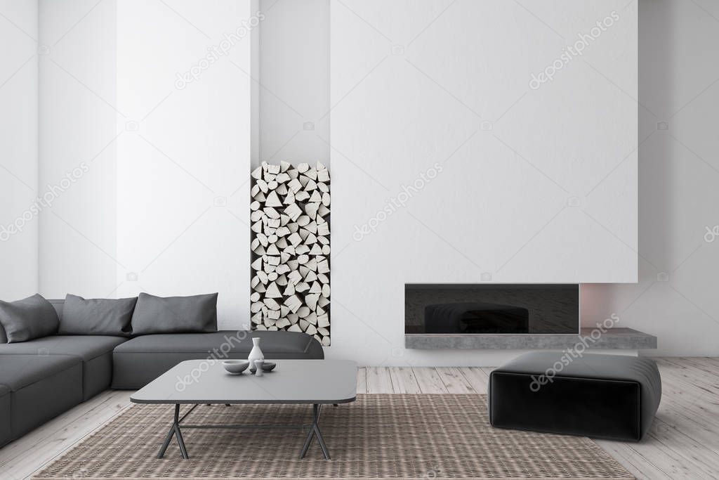 Interior of modern living room with white walls, wooden floor, gray sofa and coffee table standing near a fireplace. 3d rendering