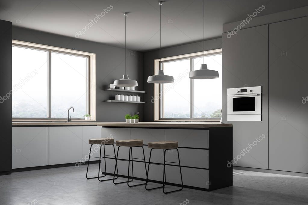 Corner of modern kitchen with gray walls, concrete floor, small window, white countertops with built in appliances, bar with stools and an oven. 3d rendering