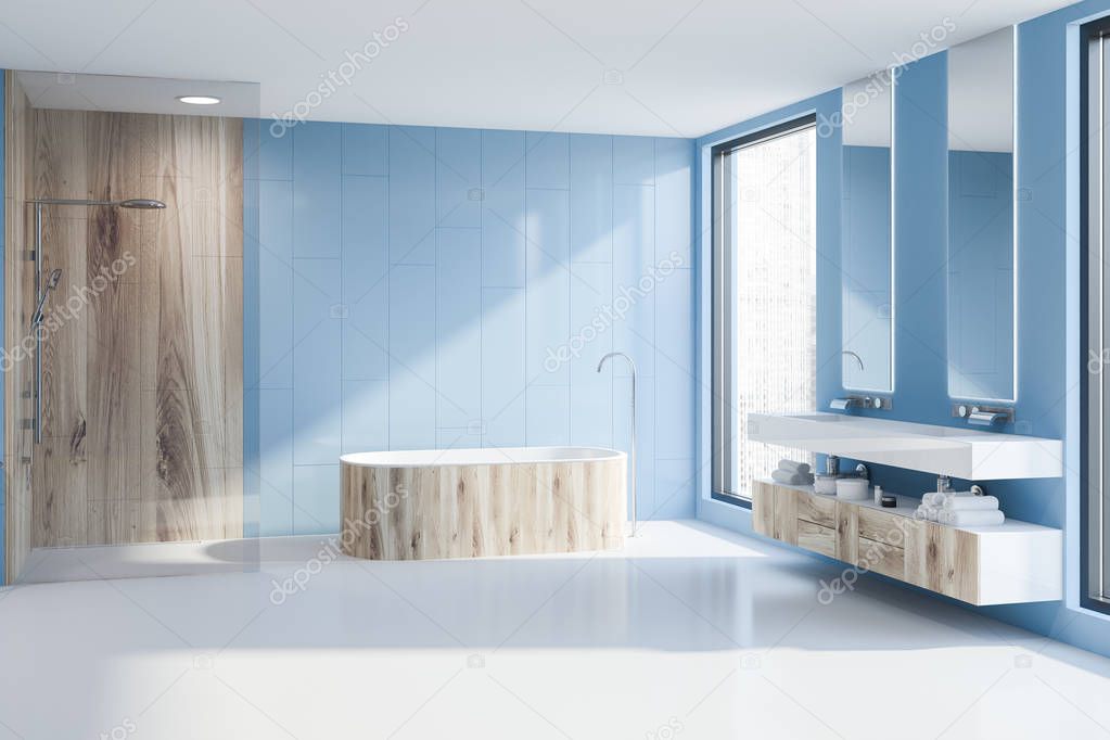 Interior of modern bathroom with blue walls, white floor, wooden bathtub, shower with wooden and glass walls and double sink with two narrow vertical mirrors. 3d rendering