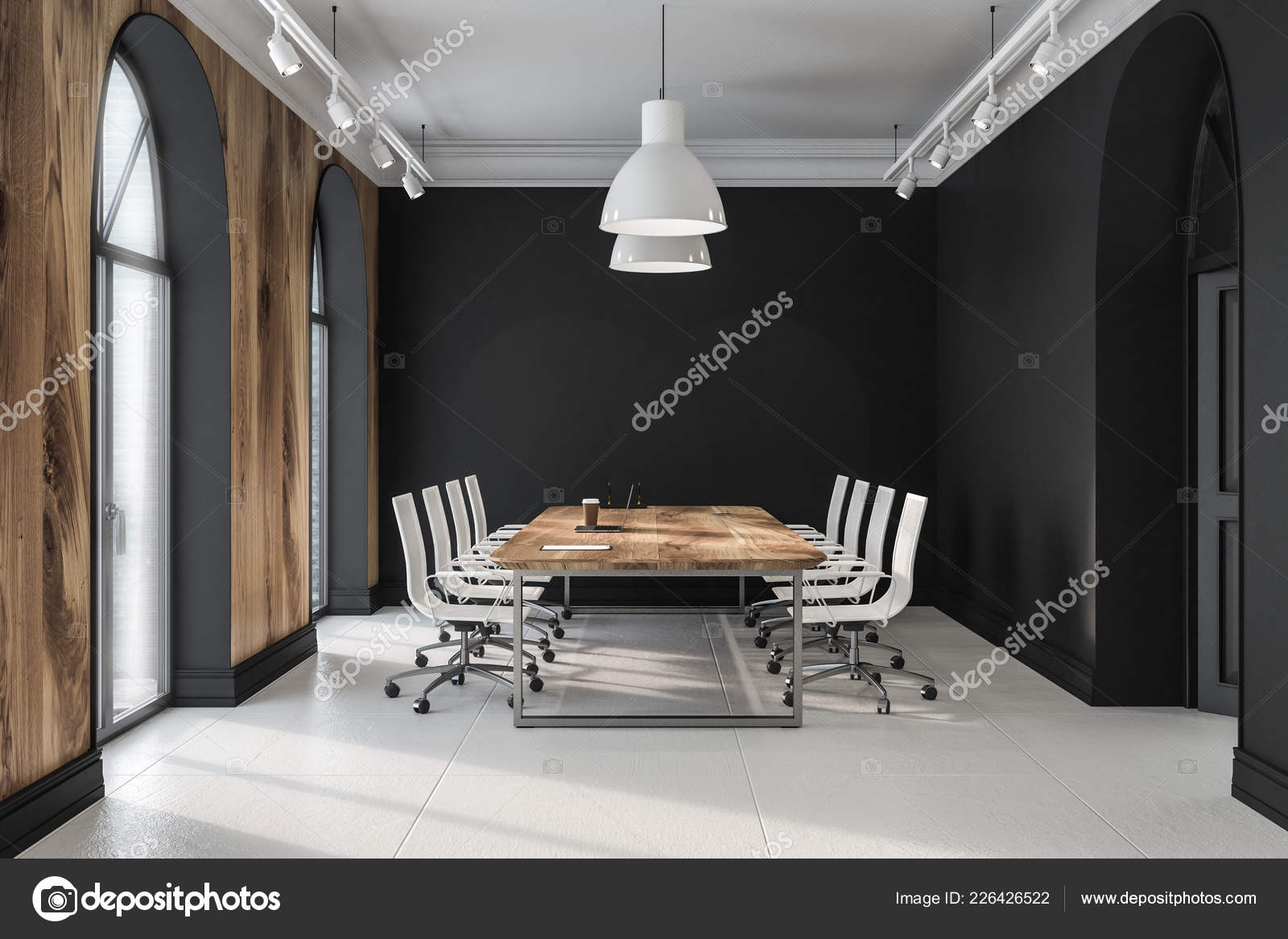 Modern Office Meeting Room Interior Black Walls Tiled Floor