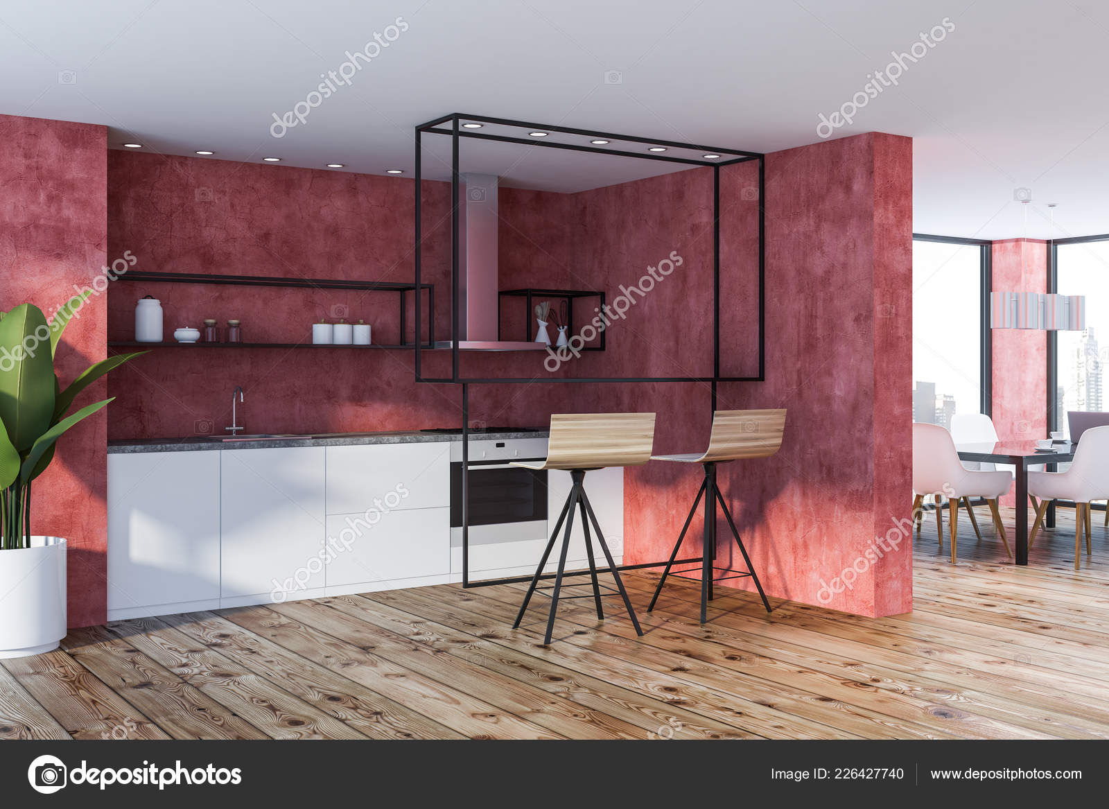 Coin Cuisine Moderne Avec Les Murs Rouges Plancher Bois