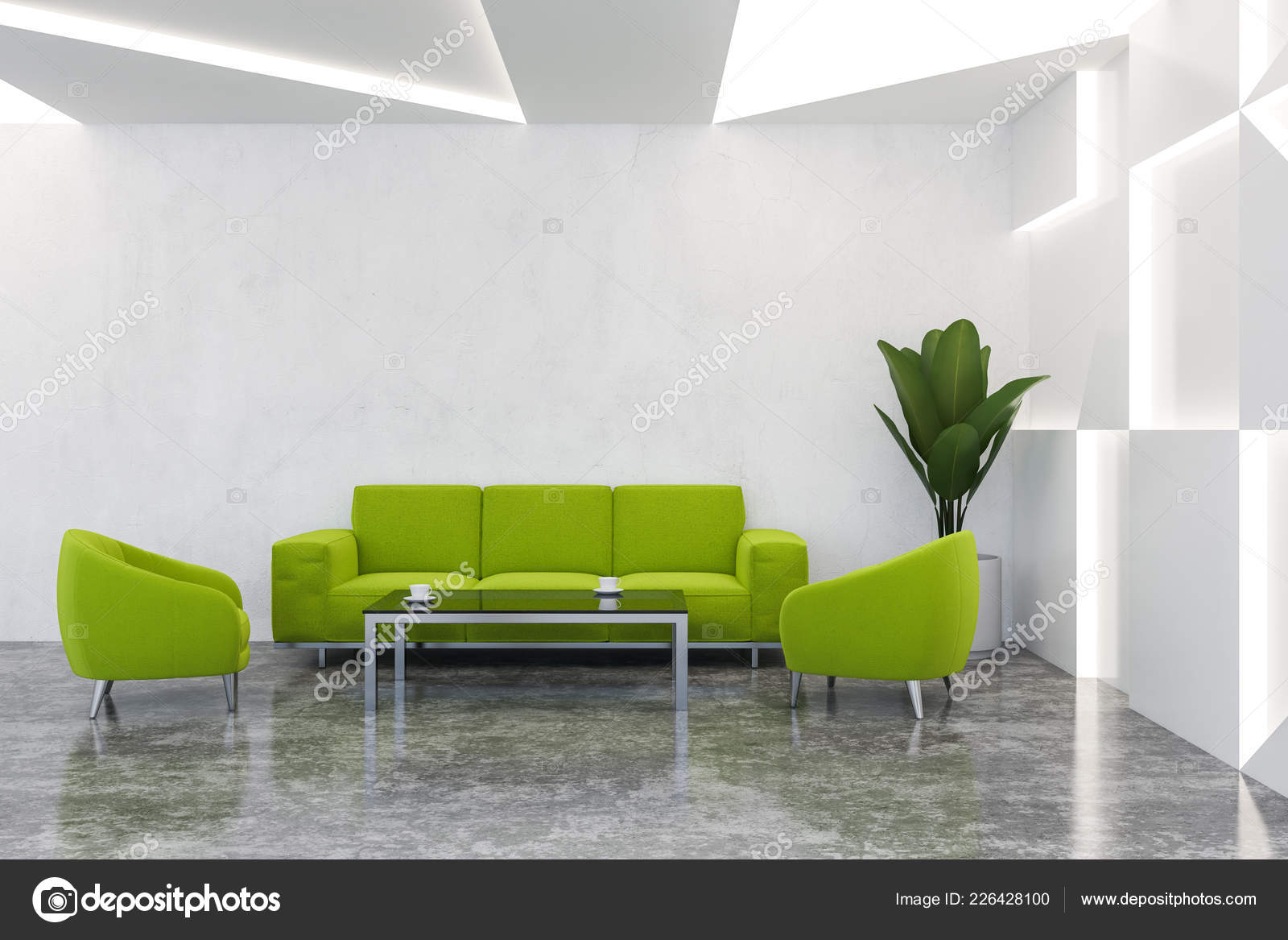 Modern Office Waiting Room White Walls Concrete Floor Green Armchairs Stock Photo C Denisismagilov 226428100
