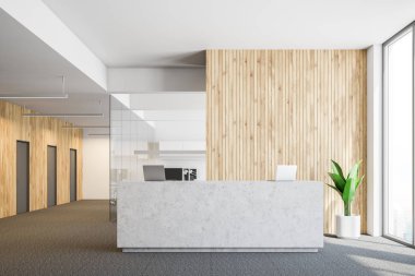 Beyaz ve ahşap duvarlar, halı zemin üzerinde iki adet dizüstü bilgisayar ve açık alan alan arka plan ile taş resepsiyon masası ile modern ofis iç. 3D render