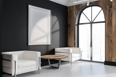Modern ofis bekleme odası kiremitli kat, siyah duvarlı yan görünüm iki beyaz koltuk yuvarlak sehpa yakınındaki ayakta ve dikey poster alay et. 3D render